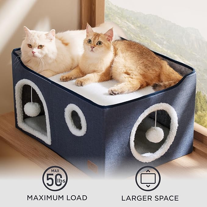 Bedsure Large Cat Beds for Indoor Cats - Extra Wide Cat Cube House for Small Pet with Fluffy Ball Hanging and Scratch Pad, Foldable Pet Cave Hideaway for Multiple Cats, 23.6x16.9x13 inches, Blue-PawvioPets