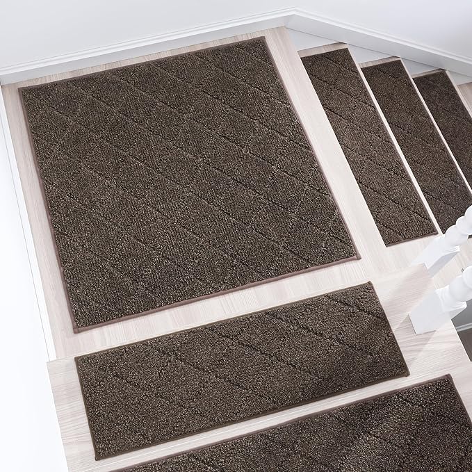 COSY HOMEER Edging Stair Treads Non-Slip Corner Indoor Stair Runners for Wooden Steps,Landing Slip Resistant Stair Rugs Mat for Kids and Dogs,100% Polyester TPE Backing,Brown,30x30 inch-PawvioPets