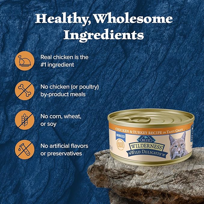 Blue Buffalo Wilderness Wild Delights Minced Natural Wet Cat Food, Chicken & Turkey in Tasty Gravy, 5.5-oz. Cans, 24-Pack-PawvioPets