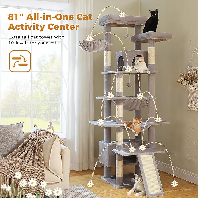 81 Inches Tall Cat Tree for Indoor Cats Large Adult - Heavy Duty Multi-Level Cat Tower with Large Metal Frame Hammock, Scratching Pad, 2 Top Perches, 2 Cozy Condos & 6 Scratching Posts - Gray-PawvioPets