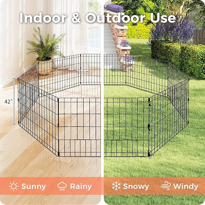 Foldable Dog Playpen 42" Height 8 Panels Metal Exercise Pen No Door - Indoor/Outdoor Dog Play Pen for Medium-Large Dogs, Portable Pet Fence for Yard Garden Camping, Black-PawvioPets