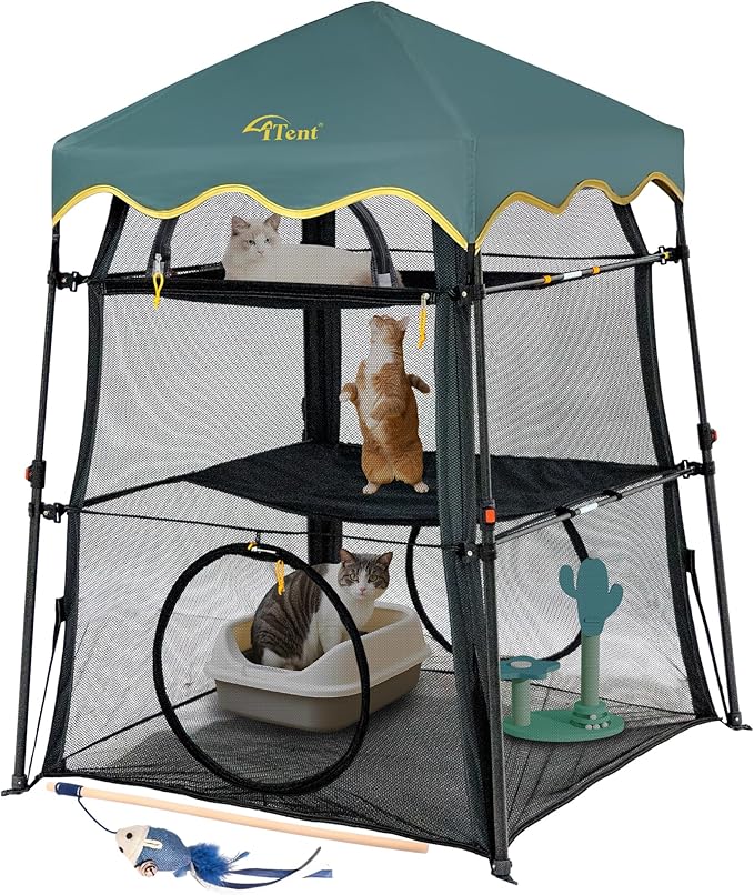 Extra Large Catio Outdoor Cat Enclosure,3 Tier Cat Tower Tent Weatherproof & Sunproof with 3 Doors, Foladable and Portable for Patio, Deck,Camping, Indoor & Outdoor(Patented)-Wave Shade-PawvioPets