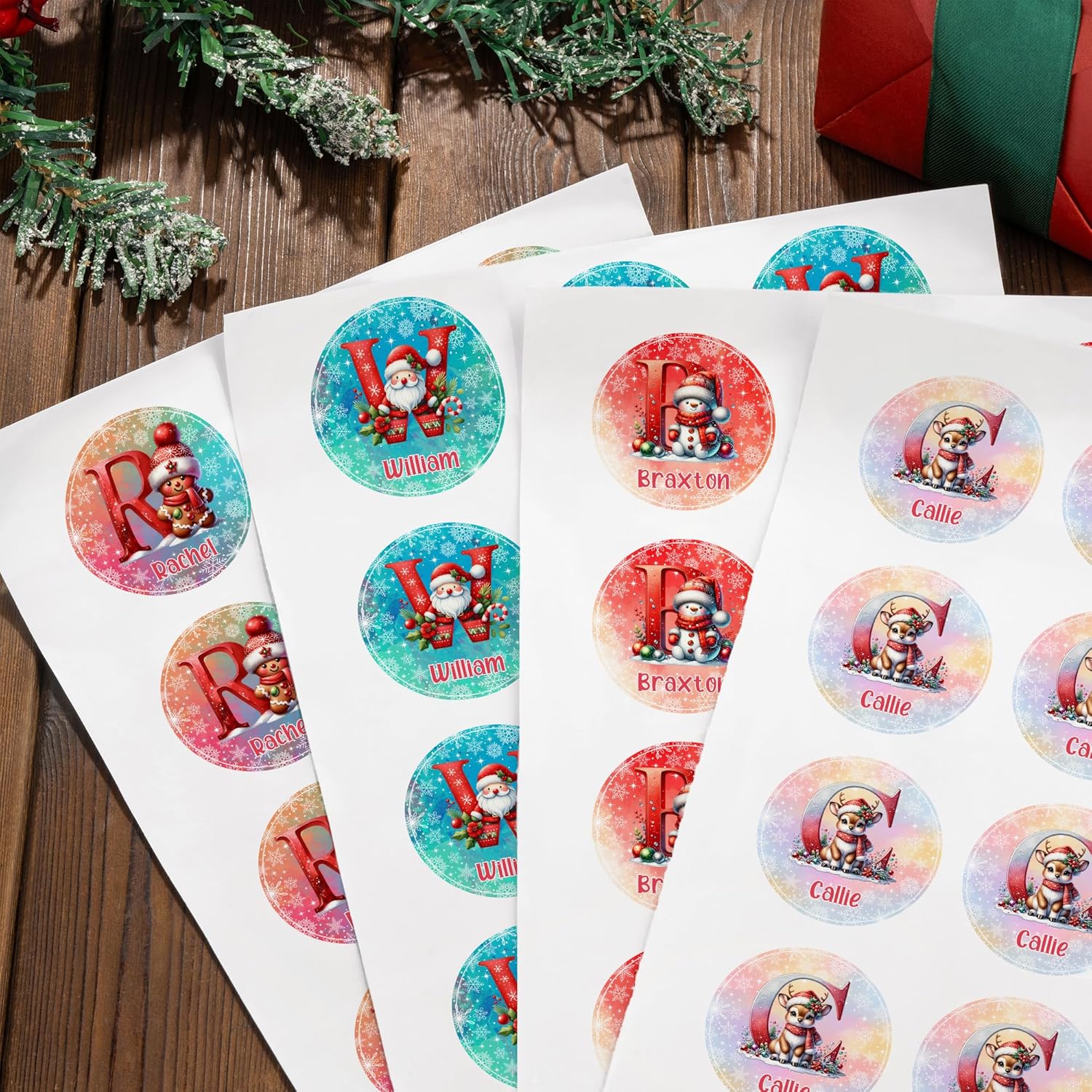 callie Personalized Christmas Stickers - Custom Name & Initial, 1.97 Inch Cute Elk Santa Penguin Design Merry Christmas Stickers Labels for Envelopes Seals Crafts Cards Gifts (30PCS)