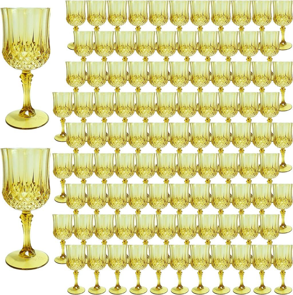 Plastic Wine Glasses，100PCS Gold Plastic Goblets Vintage Style Cordial Drinking Glasses for Wedding Reception, Grand Event Party Supplies (100, Gold)