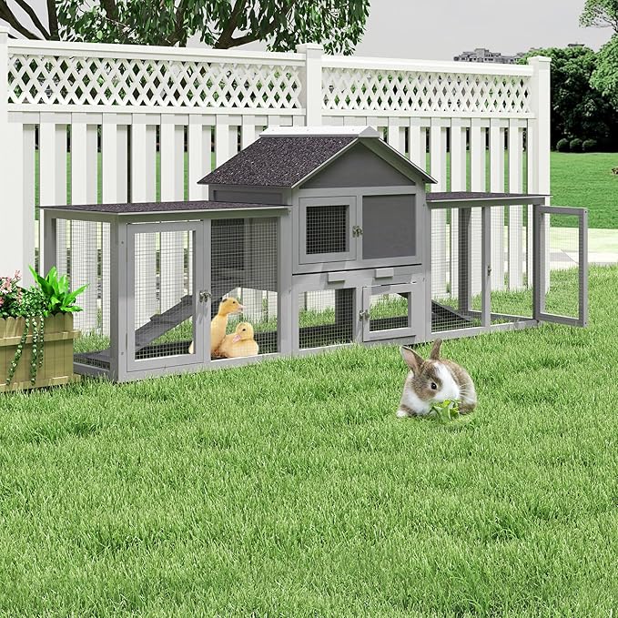 82.5” Large Wooden Rabbit Hutch Outdoor Easy to Assemble Rabbit Cage and Durable Bunny Hutch Indoor with Cleaning Tray & Waterproof Roof for Small and Medium Bunny Rabbit Chick (Grey)-PawvioPets