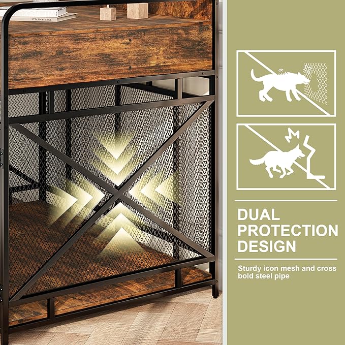 Dog Crate Furniture, 48" Heavy Duty Wooden Dog Crate End Table, XL Dog Kennel Furniture Large Breed, Decorative Dog Kennel Indoor with 3 Drawers & Steel Tubes 48" L x28 W x38 H (Rustic Brown)-PawvioPets