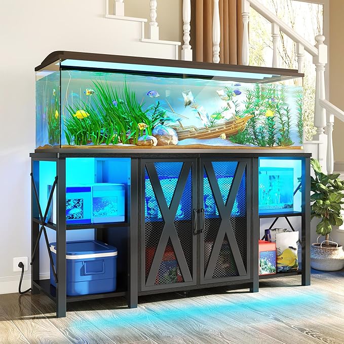 DWVO Reptile Tank Stand Aquarium Stand with Power Outlet & LED Light, 75/90/120 Gallon Terrarium Stand Cabinet - Heavy Duty Fish Tank Stand for Turtle Tank, Reptile Terrarium, 2000LBS Capacity, Black-PawvioPets