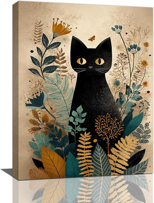 Boho Black Cat Wall Art Kitten Botanical Wall Decor Mid Century Modern Canvas Painting Print Minimalist Pictures Artwork Framed Decorations Gifts for Cat Lover Bathroom Nursery Living Room Bedroom Kitchen 12"x16"-PawvioPets