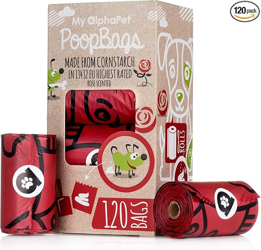 Compostable Dog Poop Bags, Cornstarch Eco-Friendly, HOME COMPOST NF T 51-800, 120 Count, Large Size Bag 9x13 Inches, 8 Unscented Refill Rolls, Leak-proof, Plantbased, GM-Free Corn (Red)-PawvioPets