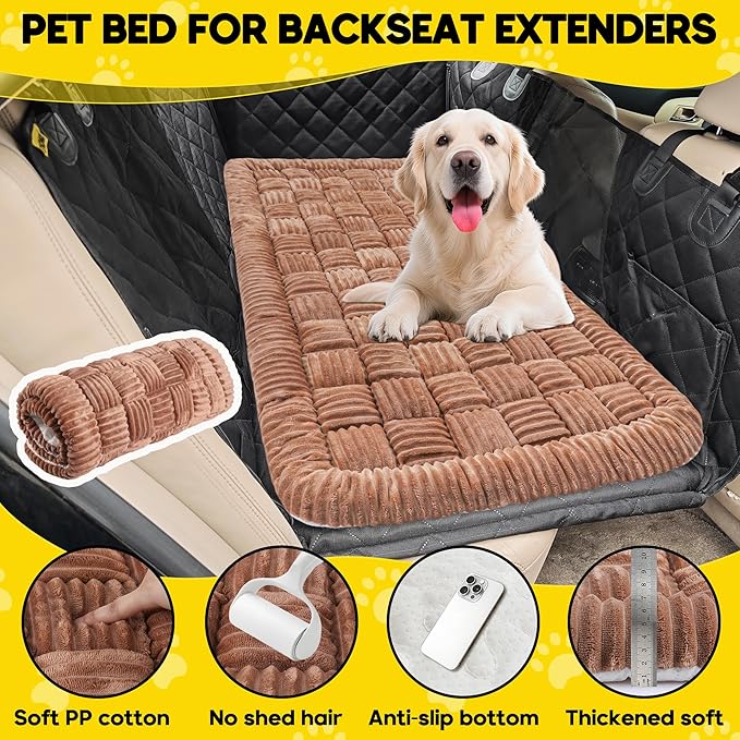 Dog Car Bed Mat, Non-Slip Backseat Extender Pet Blanket, Plaid Dog Bed for SUVs, Sedans & Trucks, Chew-Resistant Travel Pad for Dogs, Easy Clean & Scratch-Proof & Comfort (50"x24.6") Brown-PawvioPets