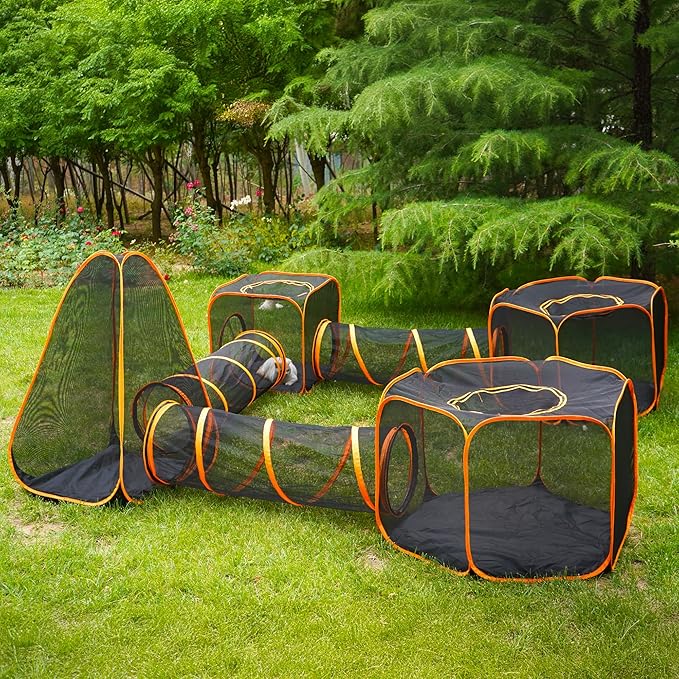 7 in 1 Outdoor Cat Enclosure, Foldable Pop-Up Mesh Playpen Tunnel for Pet Run, Foldable Outside Enclosed Tent Cage for Small Dogs, Rabbit and Other Animals-PawvioPets
