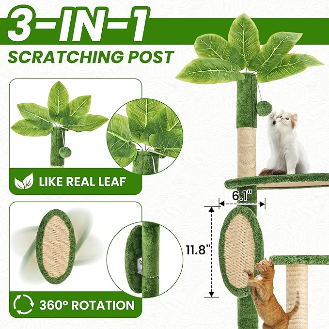 55 Inch Large Cat Tree Tower for Indoor Cats with Hammock Green Leaves Sisal Scratching Post, Plush Hang Ball Play Furniture for Kittens & Adult Cats,New Green-PawvioPets