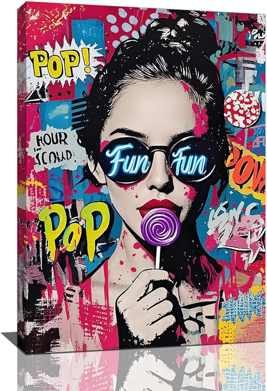Fashion Women Wall Art Glam Modern Artwork for Girls Banksy Street Graffiti Pop Art Canvas Pictures Painting Print Framed Decorations Gifts for Bedroom Living Room Office 16"x24"-PawvioPets