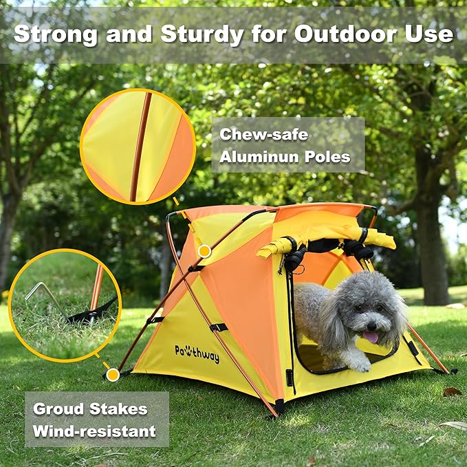 Dog Tent and Portable Playpen Outdoor Waterproof, with Aluminum Poles and Camping Mat, Pet Tent with Zippered Mesh Door, Dog House Outdoor, for Camping, Travel, Backyard, Patio (Yellow, Small)-PawvioPets
