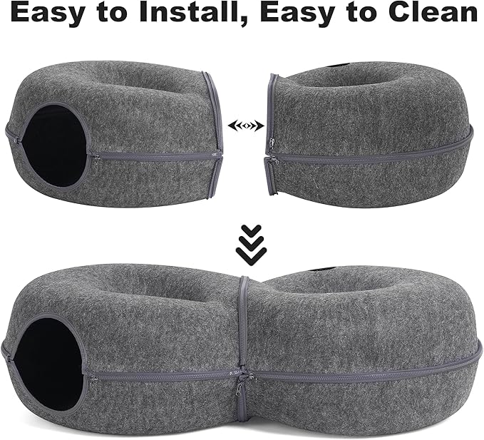 8-Shaped Large Cat Tunnel Bed for Indoor Cats, Infinite Circulation Peekaboo Cat Cave with 12 Toy Balls, Cat Donut Tunnel for Cats up to 30 Pounds (Dark Grey, L 38x24x11in)-PawvioPets