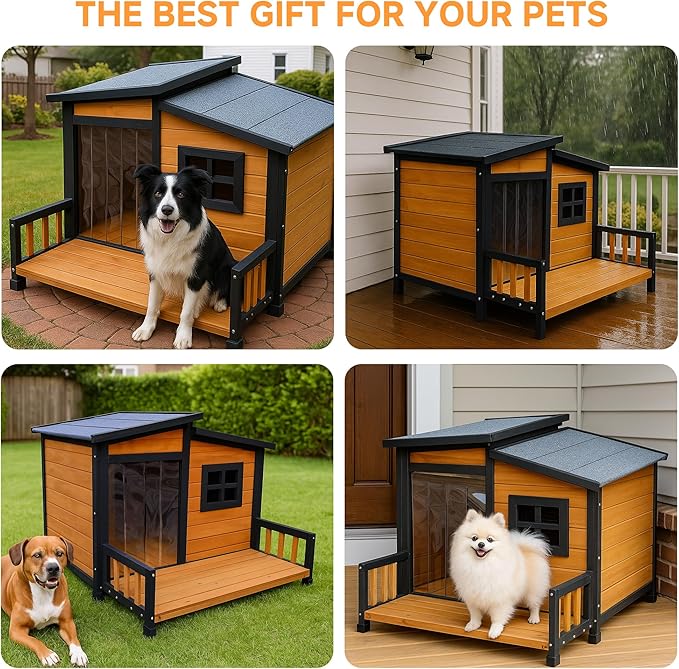 GARWOOD Large Outdoor Indoor Wooden Dog House for Small Large Dog Kennel Wood Sturdy Pet Puppy Warm Home with Durable Weatherproof Asphalt Roof Insulated Elevated Floor Outside Shelter Brown 39x37x30“-PawvioPets