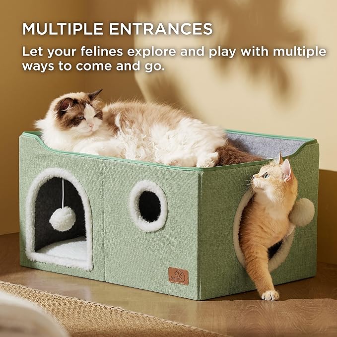 Bedsure Large Cat Beds for Indoor Cats - Extra Wide Cat Cube House for Small Pet with Fluffy Ball Hanging and Scratch Pad, Foldable Pet Cave Hideaway for Multiple Cats, 23.6x16.9x13 inches, Green-PawvioPets