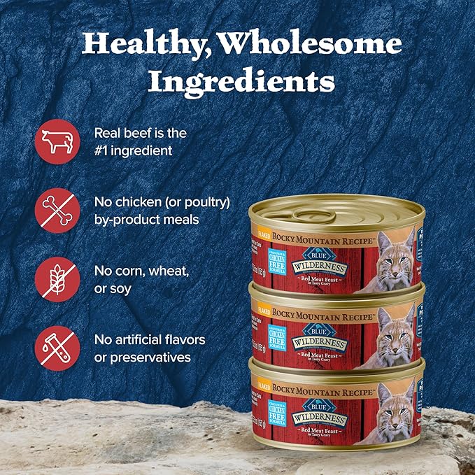 Blue Buffalo Wilderness Rocky Mountain Recipe Flaked Wet Cat Food, Chicken-Free & Grain-Free Recipe, Made with Natural Ingredients, Red Meat in Tasty Gravy, 5.5-oz. Cans (24 Count)-PawvioPets