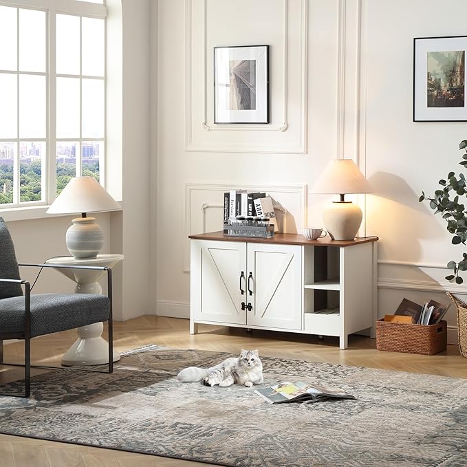 41.3'' Cat Litter Enclosure,Adjustable Shelf for Dog Proof and Storage,Locks Added for Cat, Litter Collector,Small Indoor Cat House,Antique White-PawvioPets