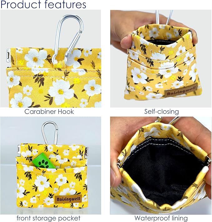 Dog Treat Pouch, Pocket Sized Pet Training Pouch, Cotton Fabric, Hand Free Yellow Flower Dog Walking Bag with Carabiner, Self-Closing Pet Feed Snack Reward, for Puppy Travel or Outdoor Use-PawvioPets