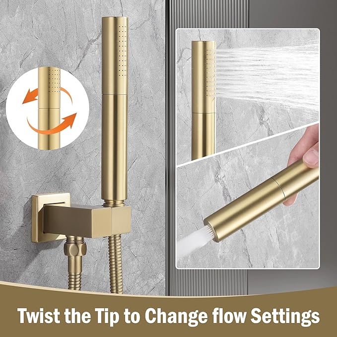12 Inch Rain Shower System, Brushed Gold Shower Faucet Set with Push Button Diverter, 6 Inch Wall Mounted 3-Functions Bathroom Shower Systems with Dual-Function Handheld-PawvioPets