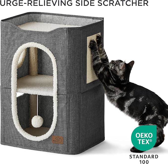 Bedsure 2 Story Cat House - Cat Condos for Indoor Cats with Scratch Pad and Fluffy Ball Hanging, Small Pet Cave Furniture Hideaway for Multi Pets, 18x14x23 inches, Dark Grey-PawvioPets