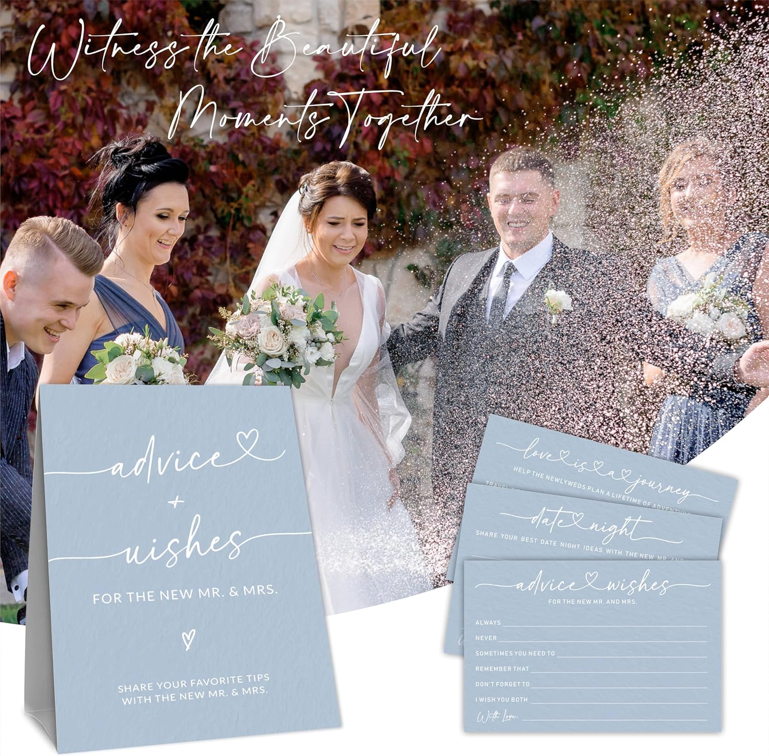 Wedding Advice Cards - Wishes For The New Mr & Mrs Wedding Advice Sign -A Standing Sign With 3 Types Of 4 x 6 Advice Cards -Bride and Groom Newlyweds Bridal Shower Decoration,Games(Blue) - C02