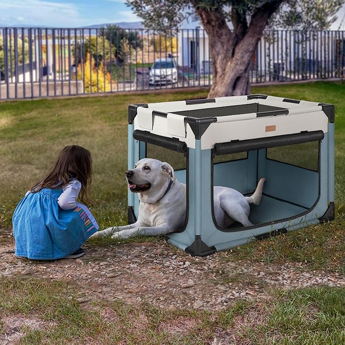 Dog Crate - Soft Pet Kennel for Dogs/Cats, 3-Door Breathable Travel Cage with Mesh Window, Portable Dog Kennel for Indoor & Outdoor, Blue-L-PawvioPets