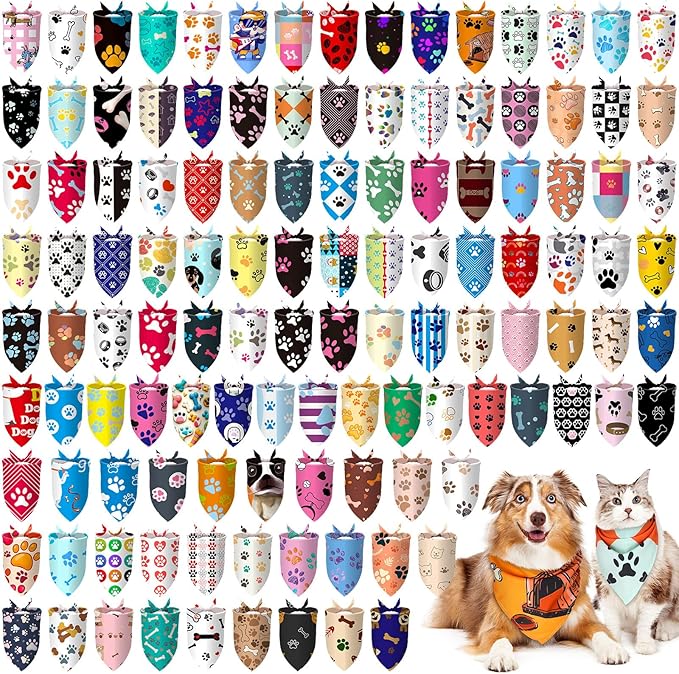 150 Pcs Dog Bandanas Bulk Pet Bibs Colorful Triangle Scarf Pet Bandanas for Medium Large Dogs Spring Summer Birthday Costume Decoration (Paw)-PawvioPets