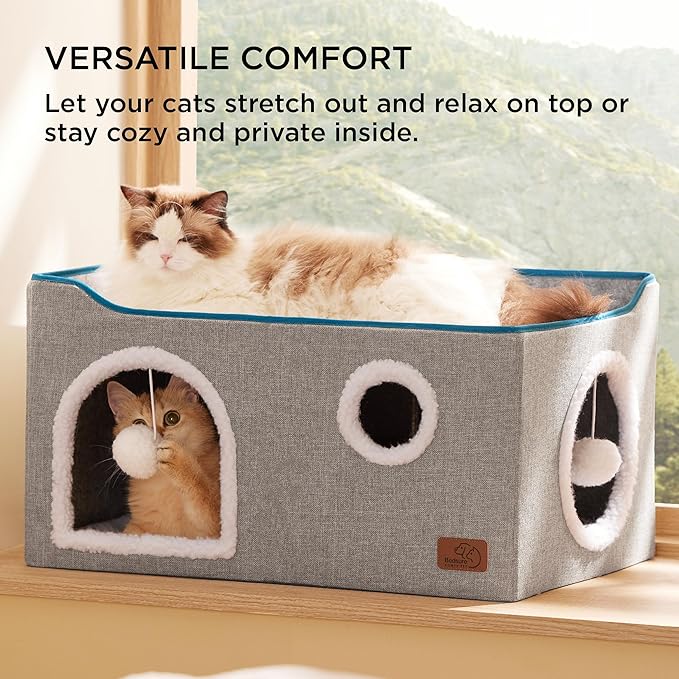 Bedsure Large Cat Beds for Indoor Cats - Extra Wide Cat Cube House for Small Pet with Fluffy Ball Hanging and Scratch Pad, Foldable Pet Cave Hideaway for Multiple Cats, 23.6x16.9x13 inches, Grey-PawvioPets