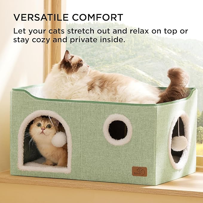 Bedsure Large Cat Beds for Indoor Cats - Extra Wide Cat Cube House for Small Pet with Fluffy Ball Hanging and Scratch Pad, Foldable Pet Cave Hideaway for Multiple Cats, 23.6x16.9x13 inches, Green-PawvioPets