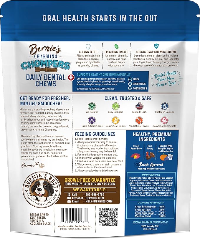 Bernie's Charming Chompers - Daily Dental Chews for Dogs 26-50 Lbs. - 18 Count - Cleans Teeth, Freshens Breath, + Boosts Oral-Gut Microbiome. Easy to Digest, Supports Healthy Digestion Naturally-PawvioPets