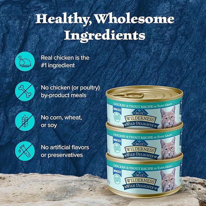 Blue Buffalo Wilderness Wild Delights Minced Wet Cat Food, High-Protein & Grain-Free, Made with Natural Ingredients, Chicken & Trout Recipe in Tasty Gravy, 5.5-oz. Cans (24 Count)-PawvioPets