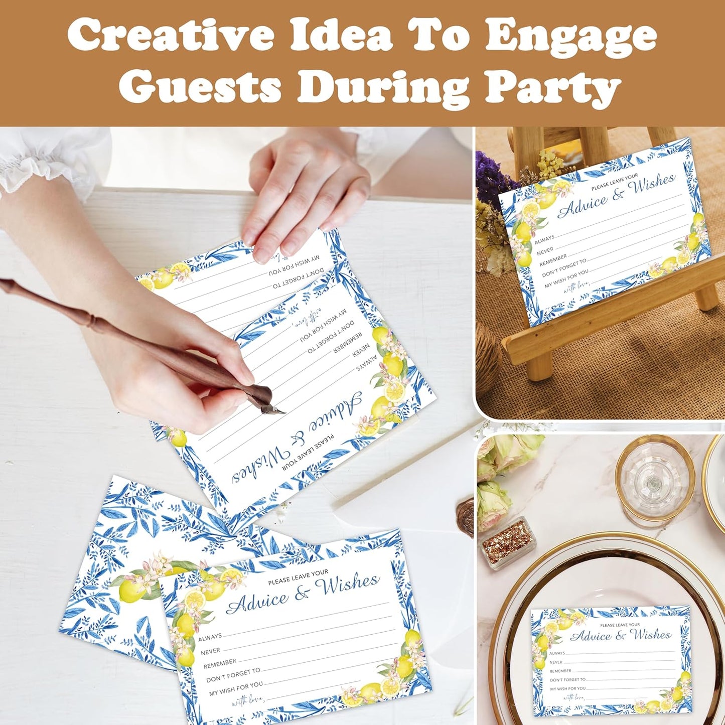 Advice And Wishes Cards (25pcs), Mediterranean Lemon Advice Cards For Mr And Mrs, Bride And Groom, New Parents, Bridal Shower, Baby Shower, Engagement, Wedding, Bachelorette Party Games Decor -A04