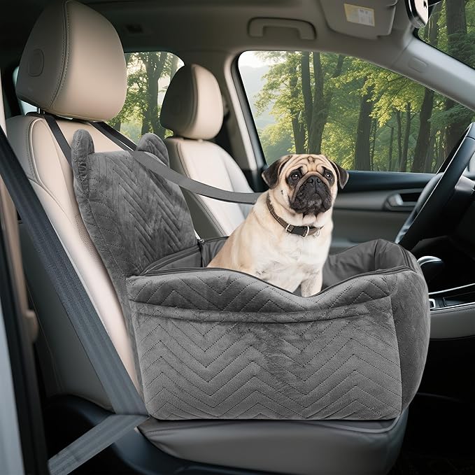 Dog Car Seat Booster with Waterproof Cover, Memory Foam, Small/Medium Dog Bed for Car Back Seat for Travel, Grey, 2 Safety Belt-PawvioPets