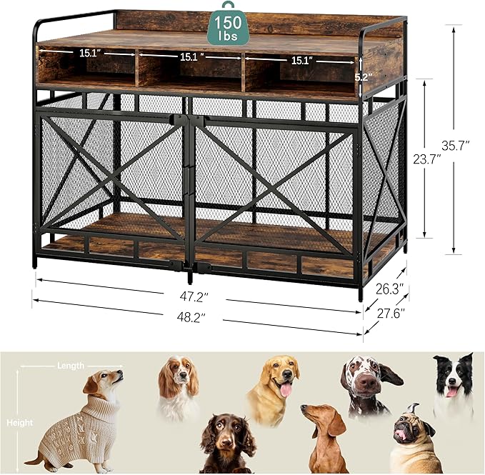 Dog Crate Furniture, 48" Heavy Duty Wooden Dog Crate End Table, XL Dog Kennel Furniture Large Breed, Decorative Dog Kenne Indoor with 3 Drawers & Steel Tubes 48" L x28 W x36 H (Rustic Brown)-PawvioPets