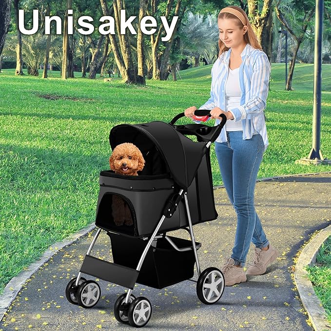 4 Wheels Pet Stroller for Small Medium Dogs Cats 10-33 lbs, Foldable Dog and Cat Stroller with Cup Holder & Storage Basket & Breathable Mesh, Pet Strolling Cart for All-Season, Black-PawvioPets