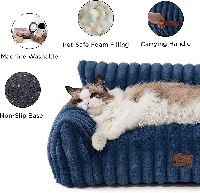 Bedsure Cute Dog Couch for Pets - Fluffy Dog Sofa with Premium Soft Corduroy Fleece, Pet Couch Bed with Washable Cover, Supportive Pet Sofa Bed for Medium Large Dogs, 36inch, Night Blue-PawvioPets