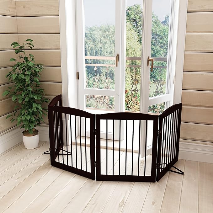 Freestanding Pet Gate for Dogs, Foldable Wooden Dog Gate for House, Indoor Dog Gate for Stair, Doorway, Gates for Dogs Indoor, 80 Inch Wide, 4 Panels 24",Brown-PawvioPets