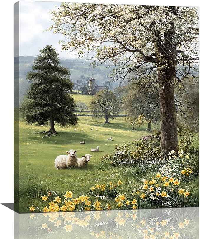 Country Sheep Canvas Wall Decor Farmhouse Rustic Lamb Wildflower Wall Art Nature Countryside Landscape Pictures Painting Print Framed Artwork Decorations for Bathroom Living Room Bedroom 24"x20"-PawvioPets