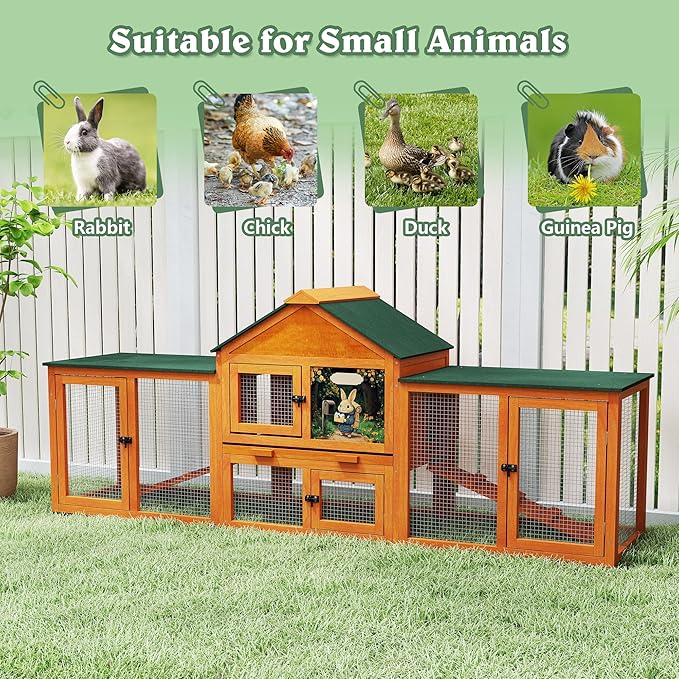 COZIWOW 82” Extra Large Fashion Wooden Outdoor Rabbit Hutch Bunny Cage Indoor Easy to Assemble and Durable with Cleaning Tray & Waterproof Roof for Small & Medium Bunny Rabbit Duck Chick (Orange)-PawvioPets