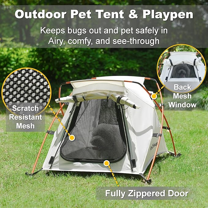 Dog Tent Cat Tent with Aluminum Poles and Camping Mat, Outdoor Waterproof Pet Tent with Zippered Mesh Door, Dog House, Cat House, Pet Playpen, Portable and Collapsible (White, Small)-PawvioPets