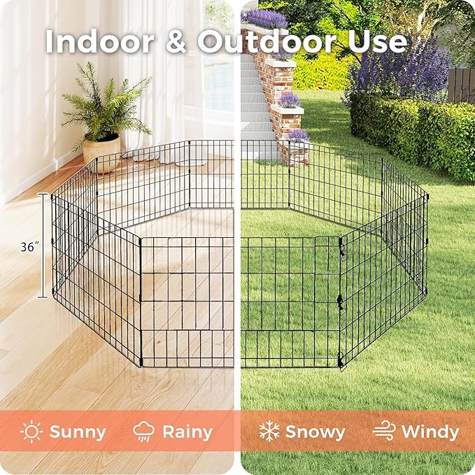 Foldable Dog Playpen 36" Height 8 Panels Metal Exercise Pen No Door - Indoor/Outdoor Dog Play Pen for Small-Medium Dogs, Portable Pet Fence for Yard Garden Camping, Black-PawvioPets