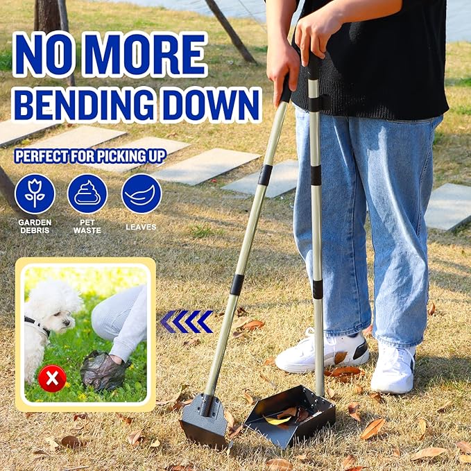Dog Pooper Scooper,Tray and Spade Set Poop Scooper for Dogs, Adjustable Long Handle Metal Pooper Scooper with Bin for Pet Waste Removal, No Bending Clean Up for Medium and Large Dogs-PawvioPets