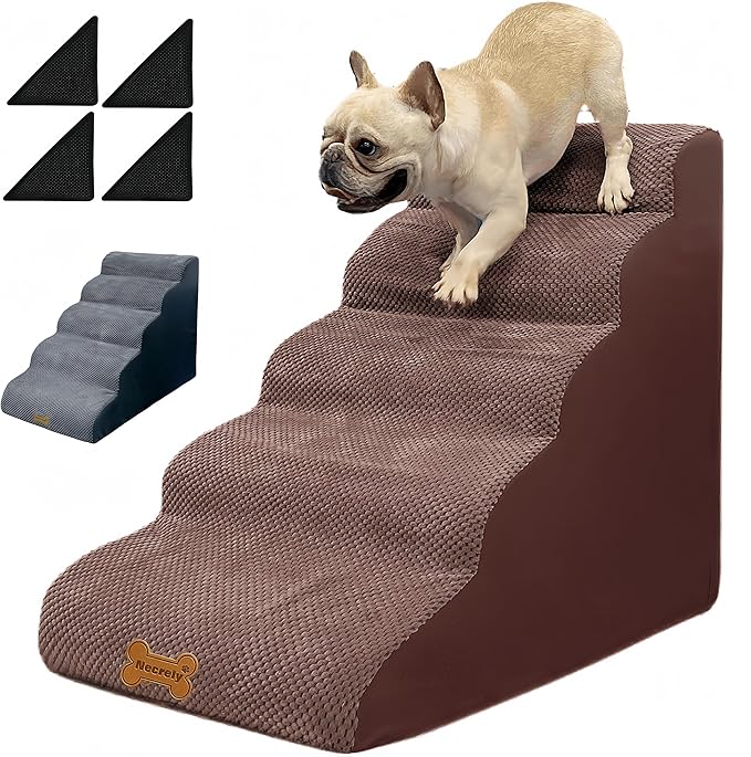 Dog Stairs & Pet Ramp for Small/Large Dogs to High Beds/Couches - 5 Steps 24-inch Height for 18-30 inch Furniture, 2 Washable Covers (Brown, Grey), Non-Slip Balanced 33D Design for Old Dogs & Cats-PawvioPets