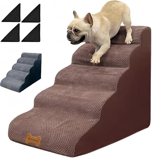 Dog Stairs & Pet Ramp for Small/Large Dogs to High Beds/Couches - 5 Steps 24-inch Height for 18-30 inch Furniture, 2 Washable Covers (Brown, Grey), Non-Slip Balanced 33D Design for Old Dogs & Cats-PawvioPets