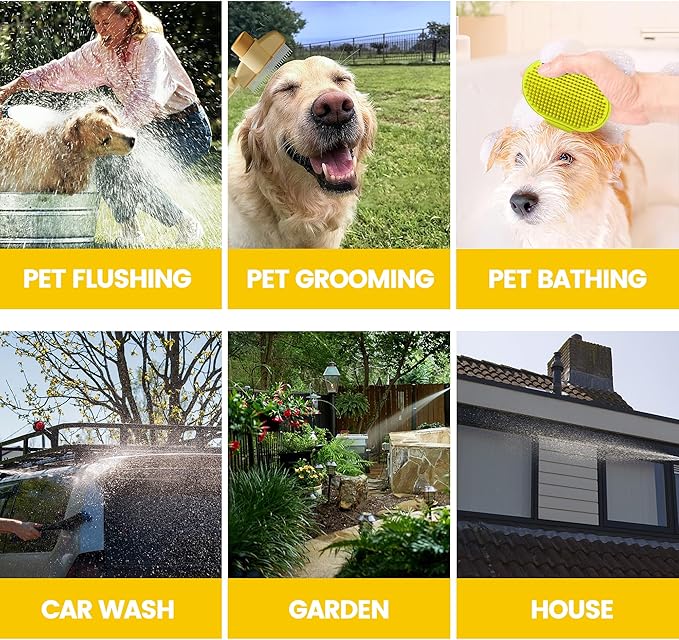 Dog Washing Hose Attachment, 10-in-1 Soap Sprayer Moden Garden Hose Nozzle with 100cc Soap Dispenser, Dog Wash Supplies with Dog Bath Brush & Pet Comb, Foam Gun Car Wash Sprayer (Yellow)-PawvioPets