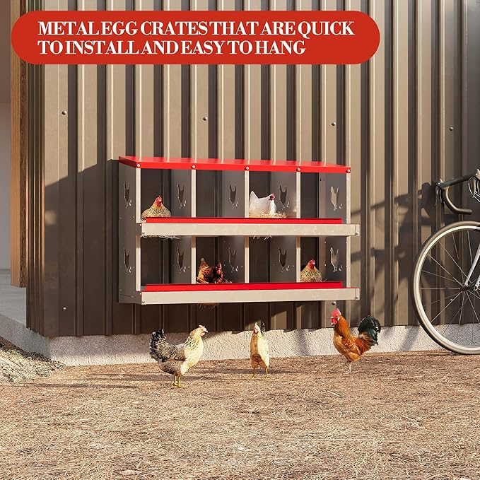 8 Hole Chicken Nesting Box with Roll Out Egg Tray, Rustproof & Ventilated Chicken Laying Boxes for Hens, Chickens, Ducks | Easy-Clean Poultry Coop Accessories-PawvioPets