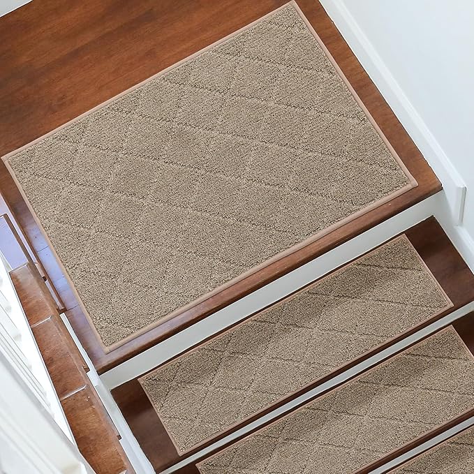 COSY HOMEER Edging Stair Treads Non-Slip Corner Indoor Stair Runners for Wooden Steps,Landing Slip Resistant Stair Rugs for Kids and Dogs, 100% Polyester TPE Backing,Beige,20"X32"-PawvioPets