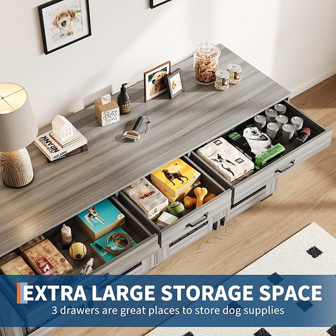 71 Inch Dog Crate Furniture for 2 Rooms, Wooden Double Crate Large Breed with Door, Dog Kennel Indoor, TV Stand End Table with Divider for Large Medium Dogs,Grey-PawvioPets